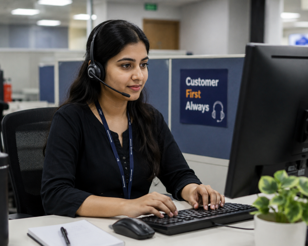 Indian customer support executive wearing a headset and working at a desktop computer in a modern BPO call center office, providing professional inbound and outbound customer support services.